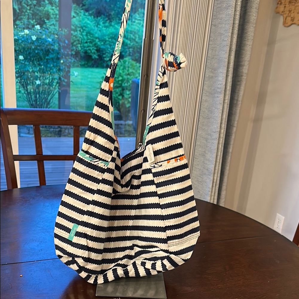 Reversible shoulder bag- blue &white stripes on 1 side, blue, turquoise, orange